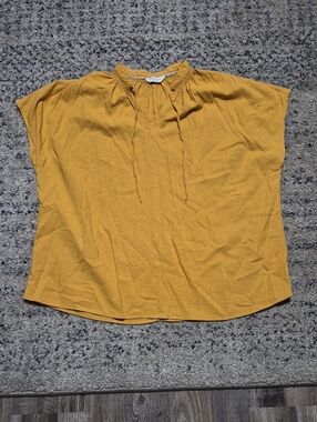 Denver Hayes Mustard Short Sleeve Tie-Neck Blouse